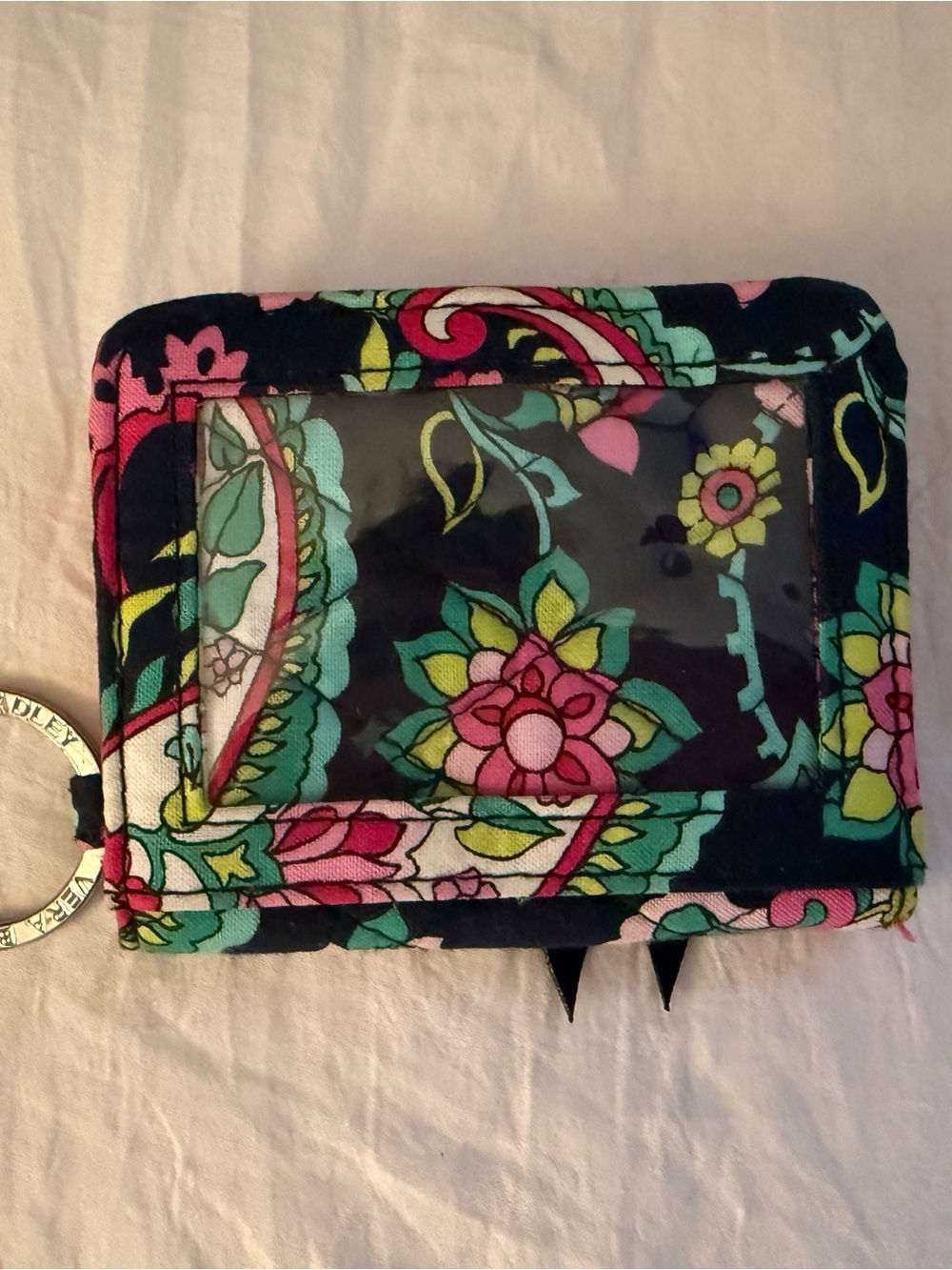 Vera Bradley Navy Floral Quilted Card Wallet with Pink & Green Accents